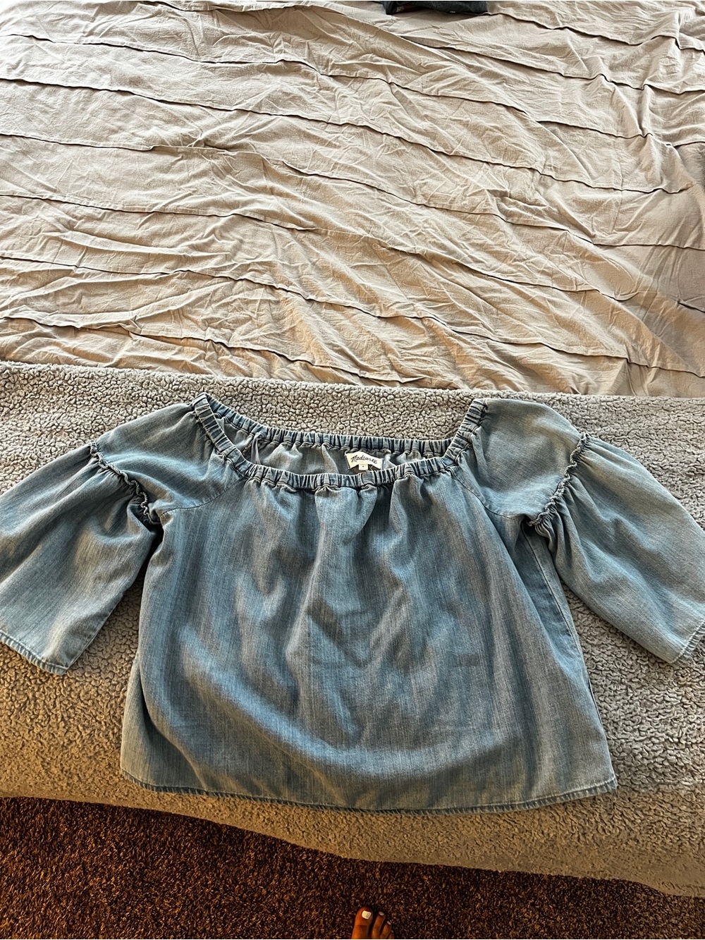 w Light Blue Chambray Off-Shoulder Top
